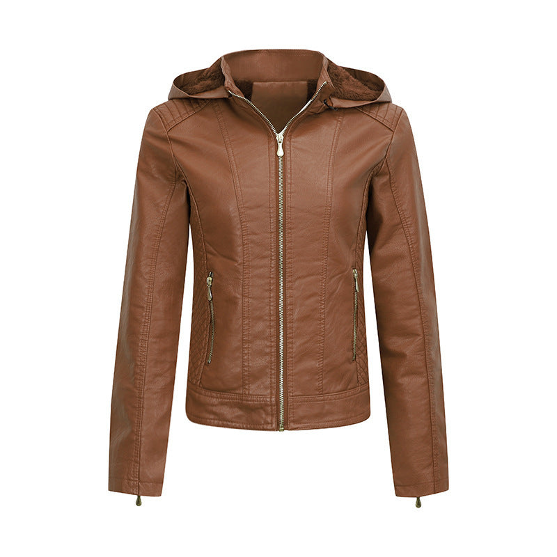 Women's Plush Hooded Leather Jacket Slim Fit Winter Warm Coat