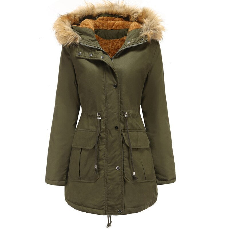 Women's Hooded Fur Collar Velvet Lined Medium Winter Jacket