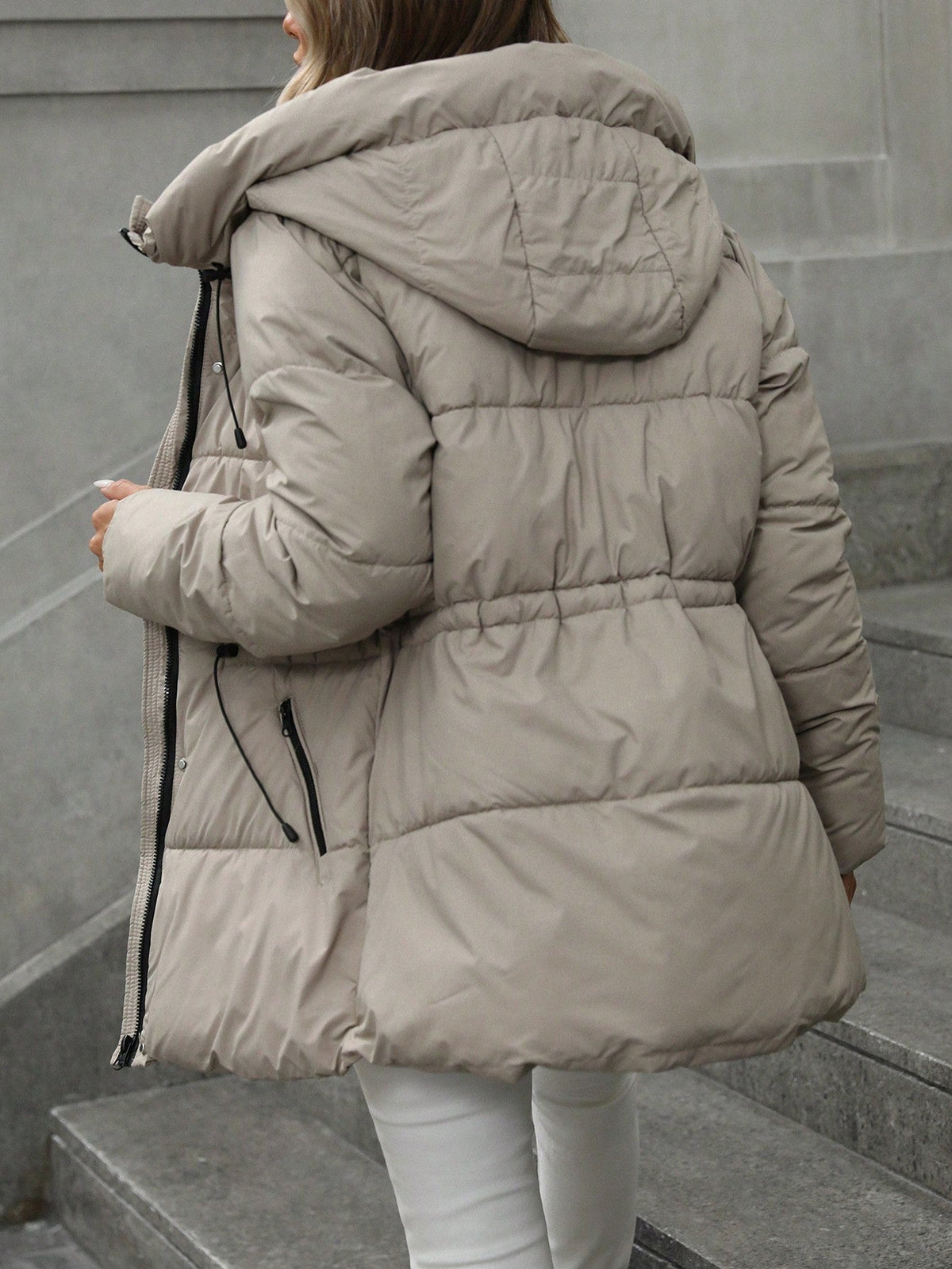 Women's Hooded Quilted Mid Length Winter Coat Adjustable Waist Warm