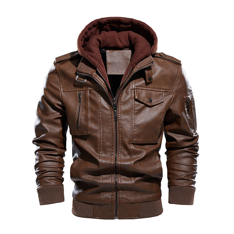 Men's Vintage Hooded Leather Jacket with Soft Velvet Lining Style