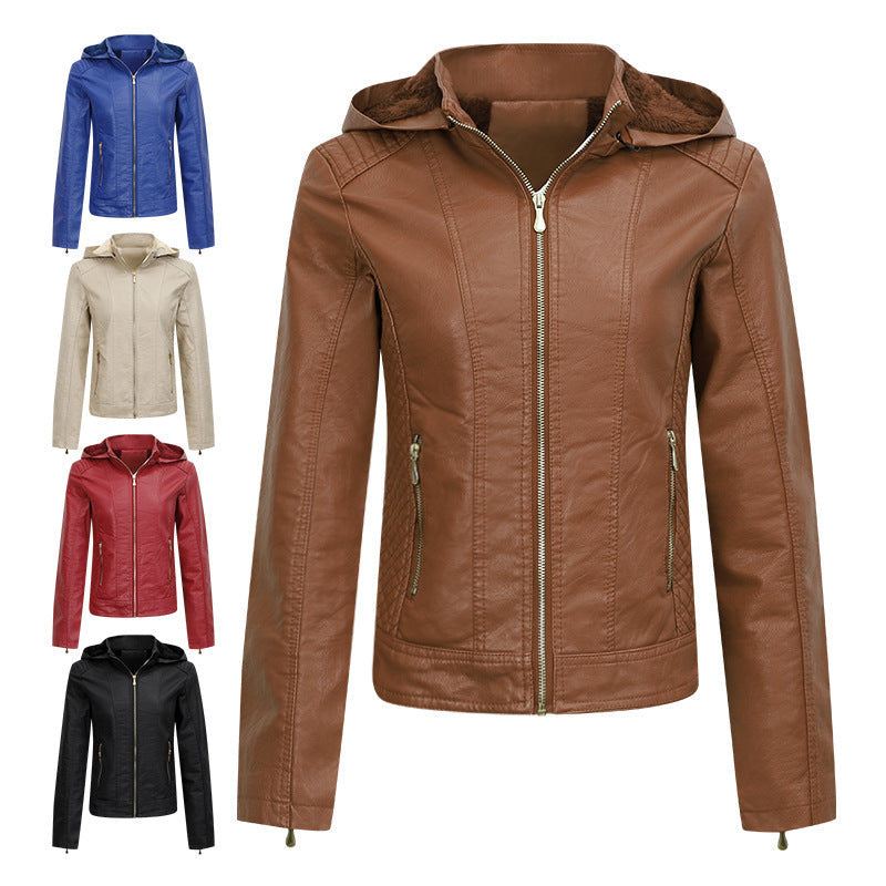 Women's Plush Hooded Leather Jacket Slim Fit Winter Warm Coat