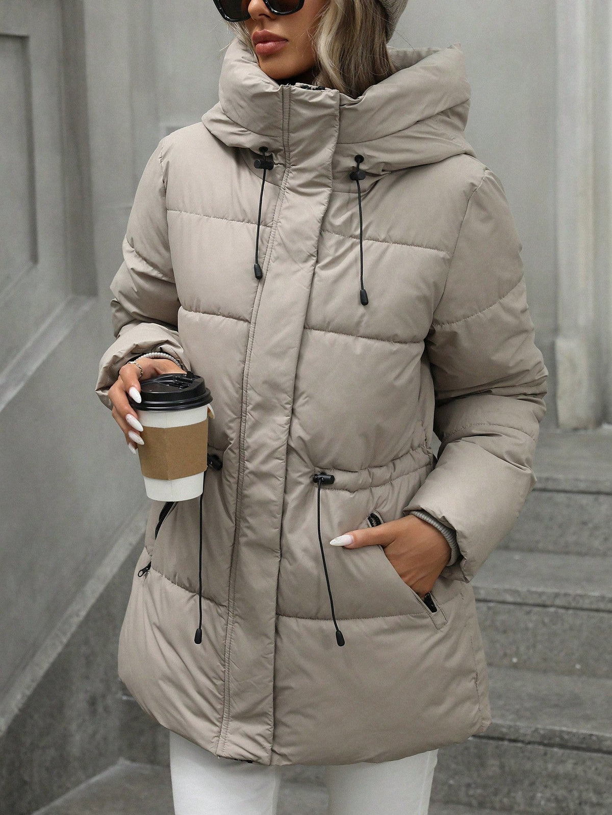 Women's Hooded Quilted Mid Length Winter Coat Adjustable Waist Warm