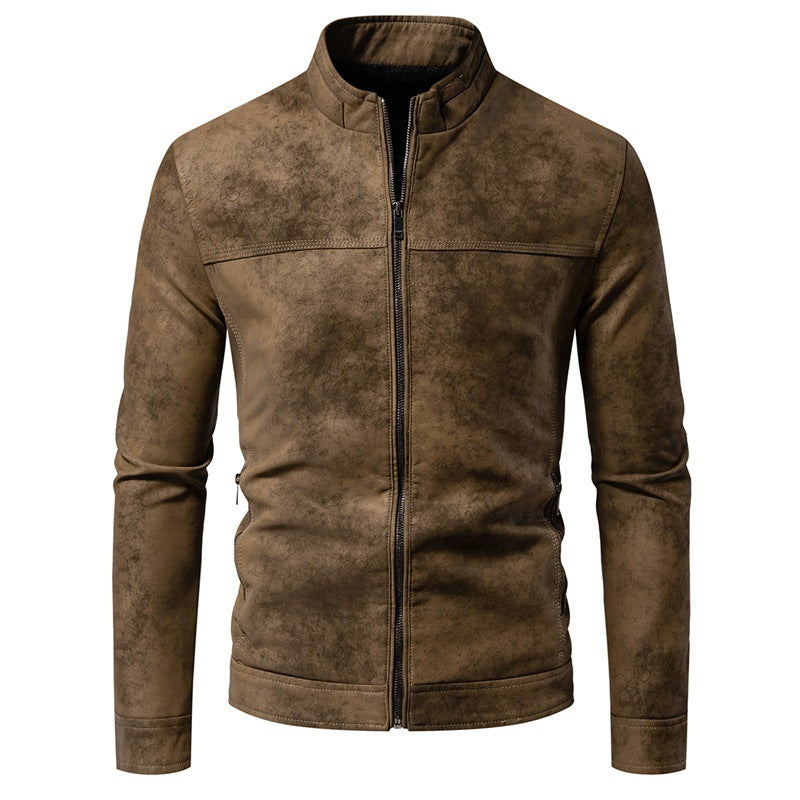 Men's Retro Tie Dyed Leather Jacket with Warm Lining for Winter