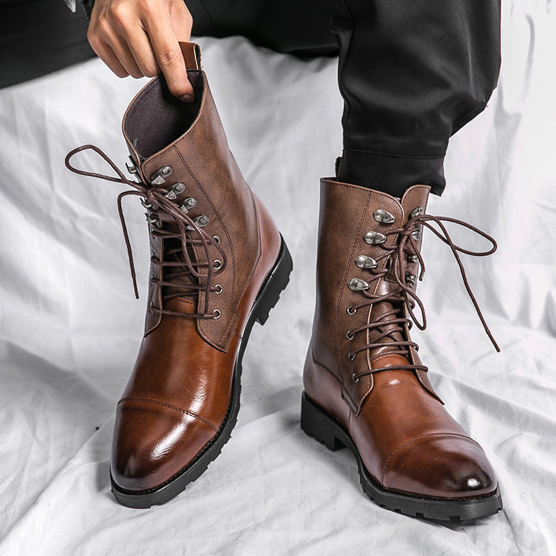 Men's Leather Denim Boots Casual Lace Up Fall Winter Footwear