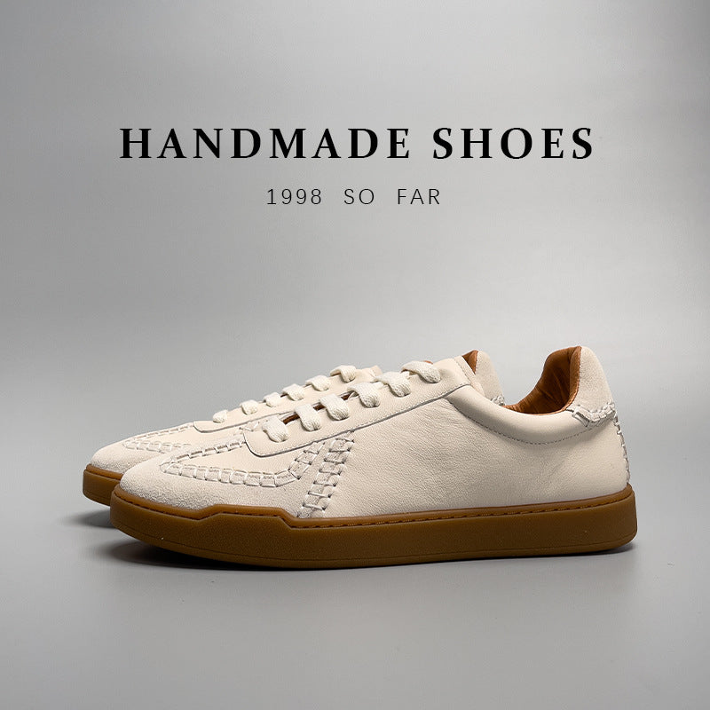 Men's Genuine Leather Low Cut Baseball Style Casual Lace Sneakers