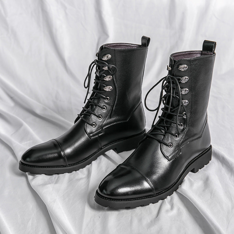 Men's Leather Denim Boots Casual Lace Up Fall Winter Footwear