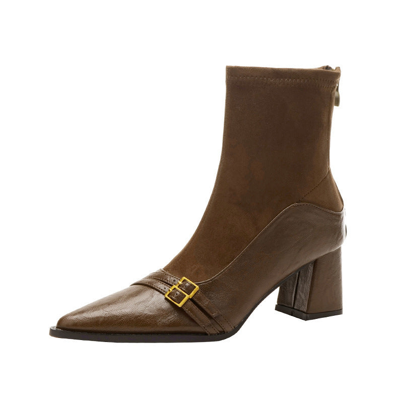 Women's Chunky Heel Autumn And Winter Stitching Stretch Pointed Toe High Heel Boots