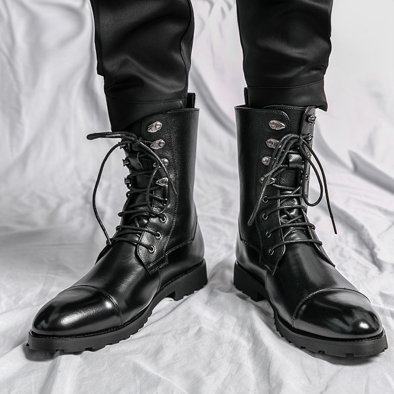 Men's Leather Denim Boots Casual Lace Up Fall Winter Footwear