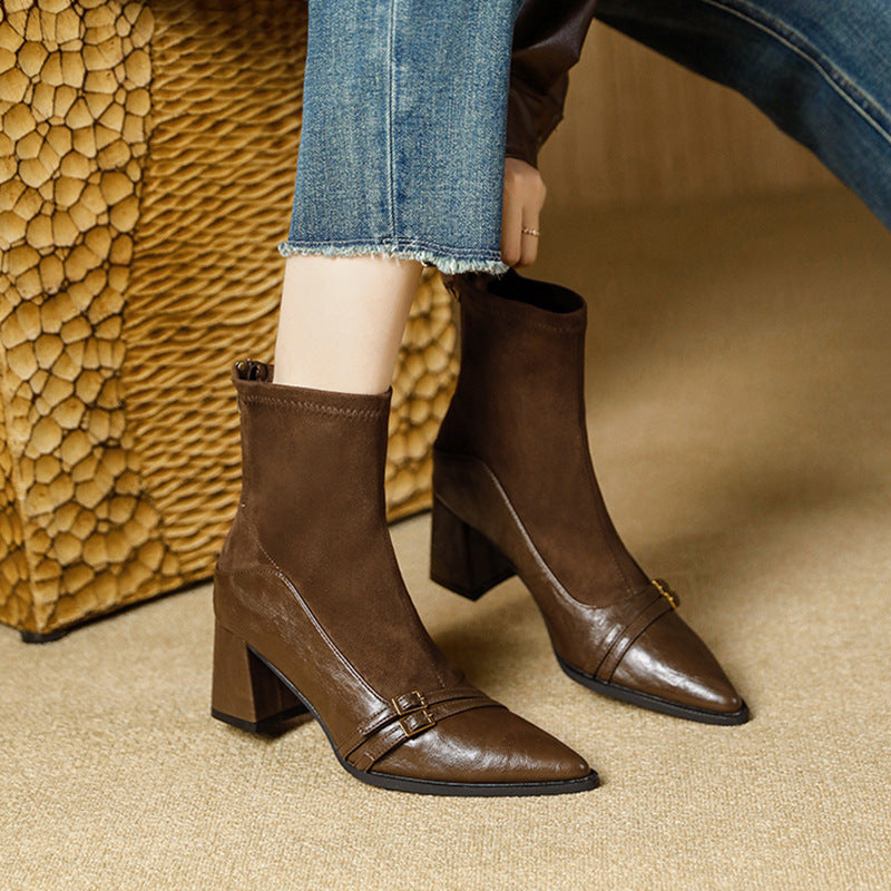 Women's Chunky Heel Autumn And Winter Stitching Stretch Pointed Toe High Heel Boots