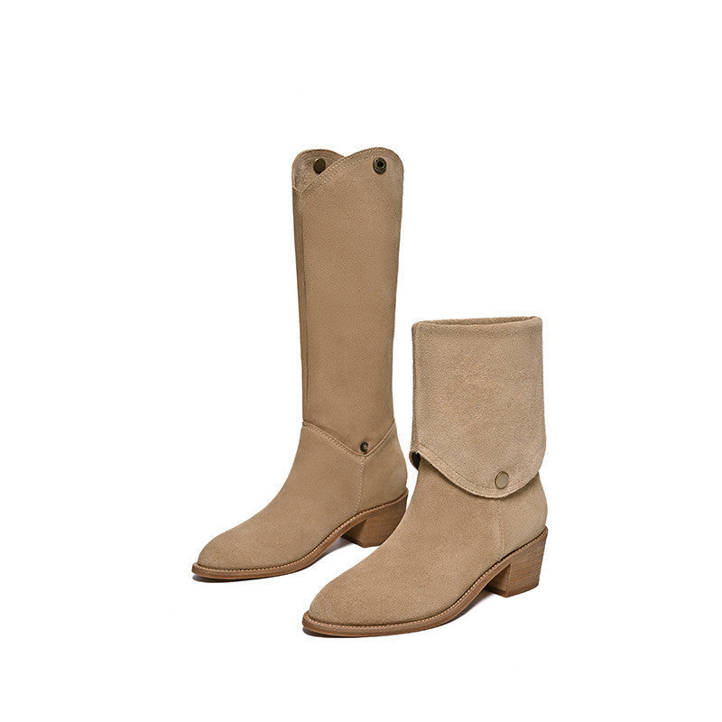 Matte Cowhide Western Denim Pointed-toe Short Tube Boots ( Pile Style , All-matching )