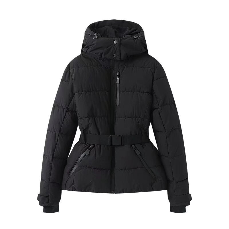Women's Belted Down Jacket Warm Plaid Winter Street Style Fashion